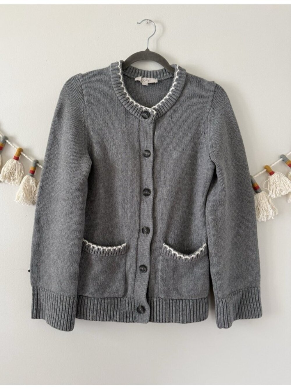 Loft Tipped Waisted Patch Pocket Cable Knit Cardigan Granny Cottage Gray M